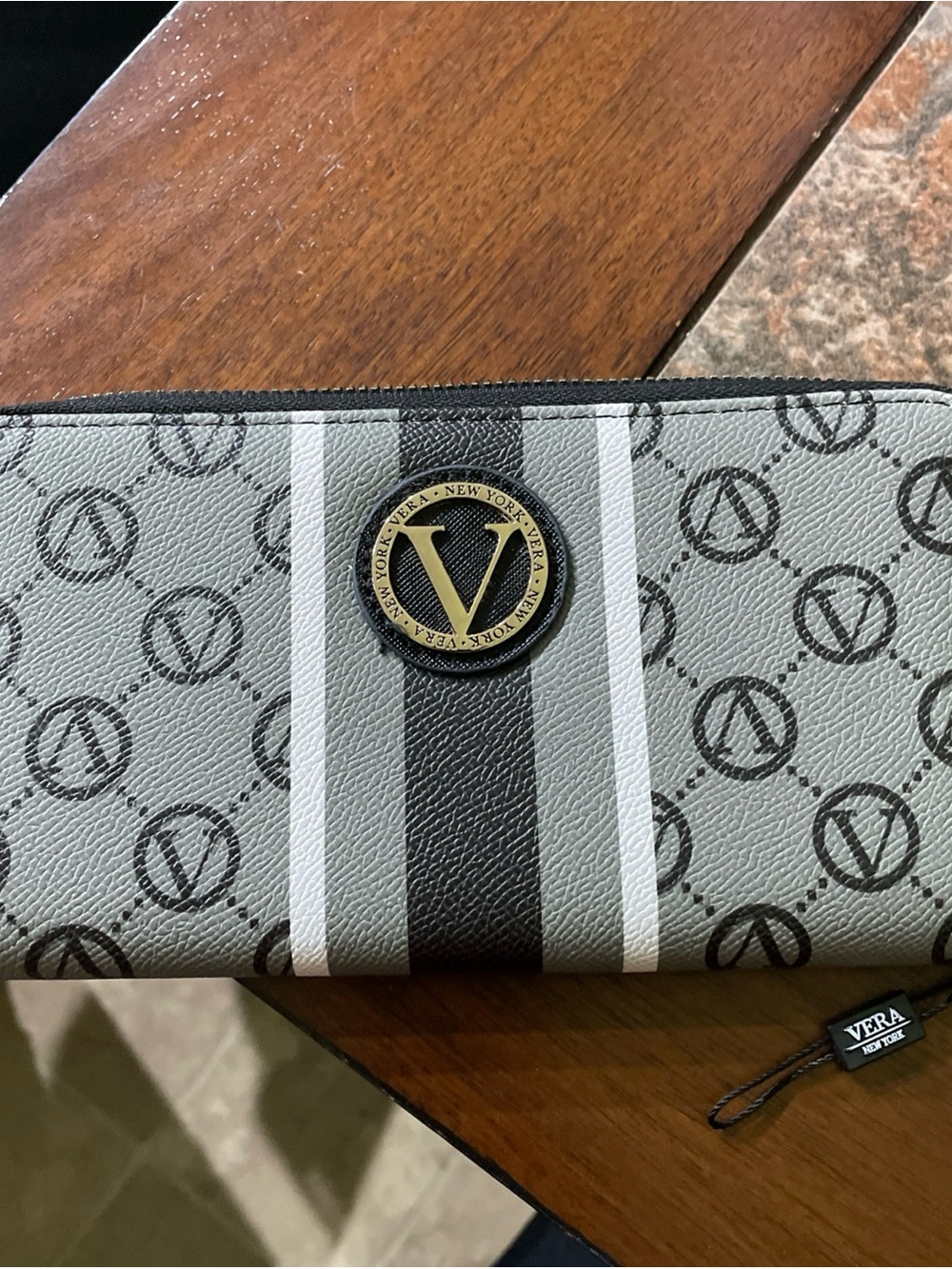 Vera New York Gray Logo Zip Wallet with Stripe Detail